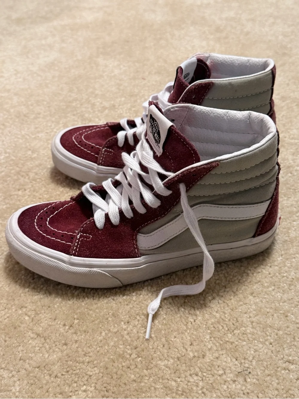 Vans High-Top Sneakers in Burgundy and Gray with White Stripe